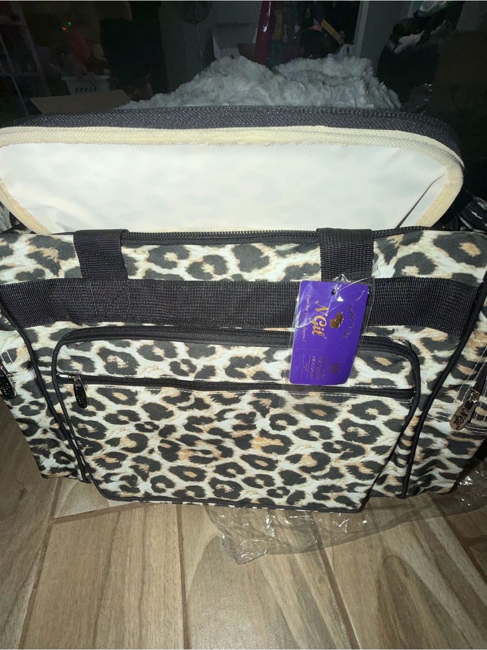 Leopard Print Tote Bag with Front Zip Pocket - Beige, Black and Brown